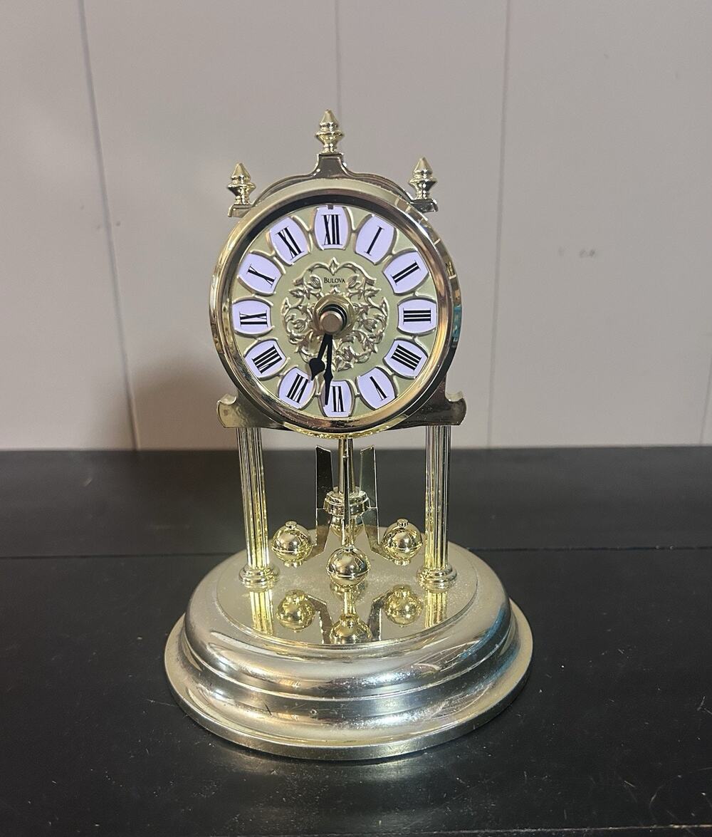 Bulova Quartz Anniversary Mantel Clock Gold Tone Rotating Pendulum UNTESTED